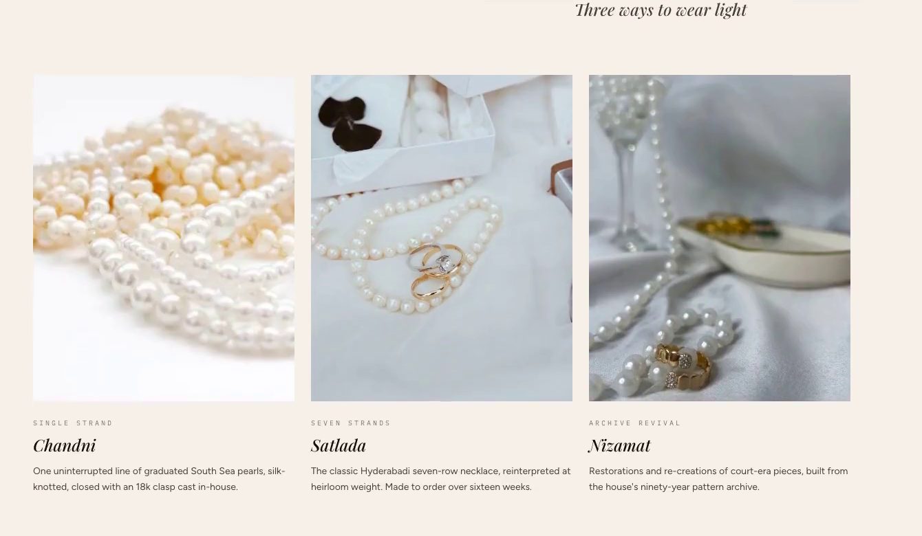 SADAF's collections section: three photographed pearl pieces, Chandni, Satlada and Nizamat, on an ivory page with near-black type