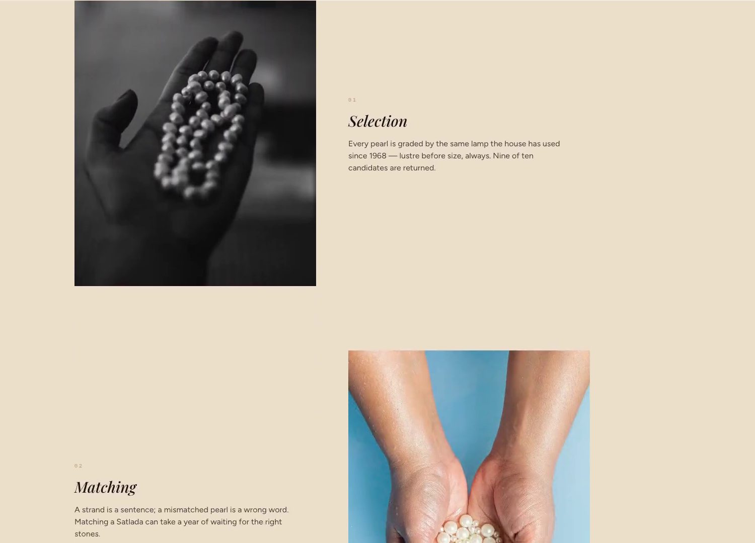 SADAF's craftsmanship section: black and white photographs of a hand holding a pearl strand, and two hands cupping loose pearls