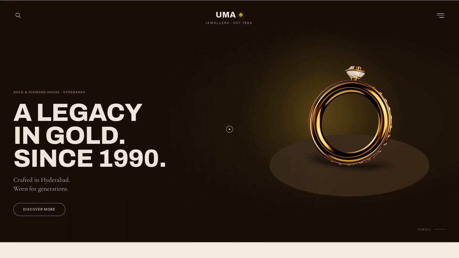 The Uma Jewellers homepage: a gold ring with a diamond rendered live in 3D beside the headline A legacy in gold. Since 1990.